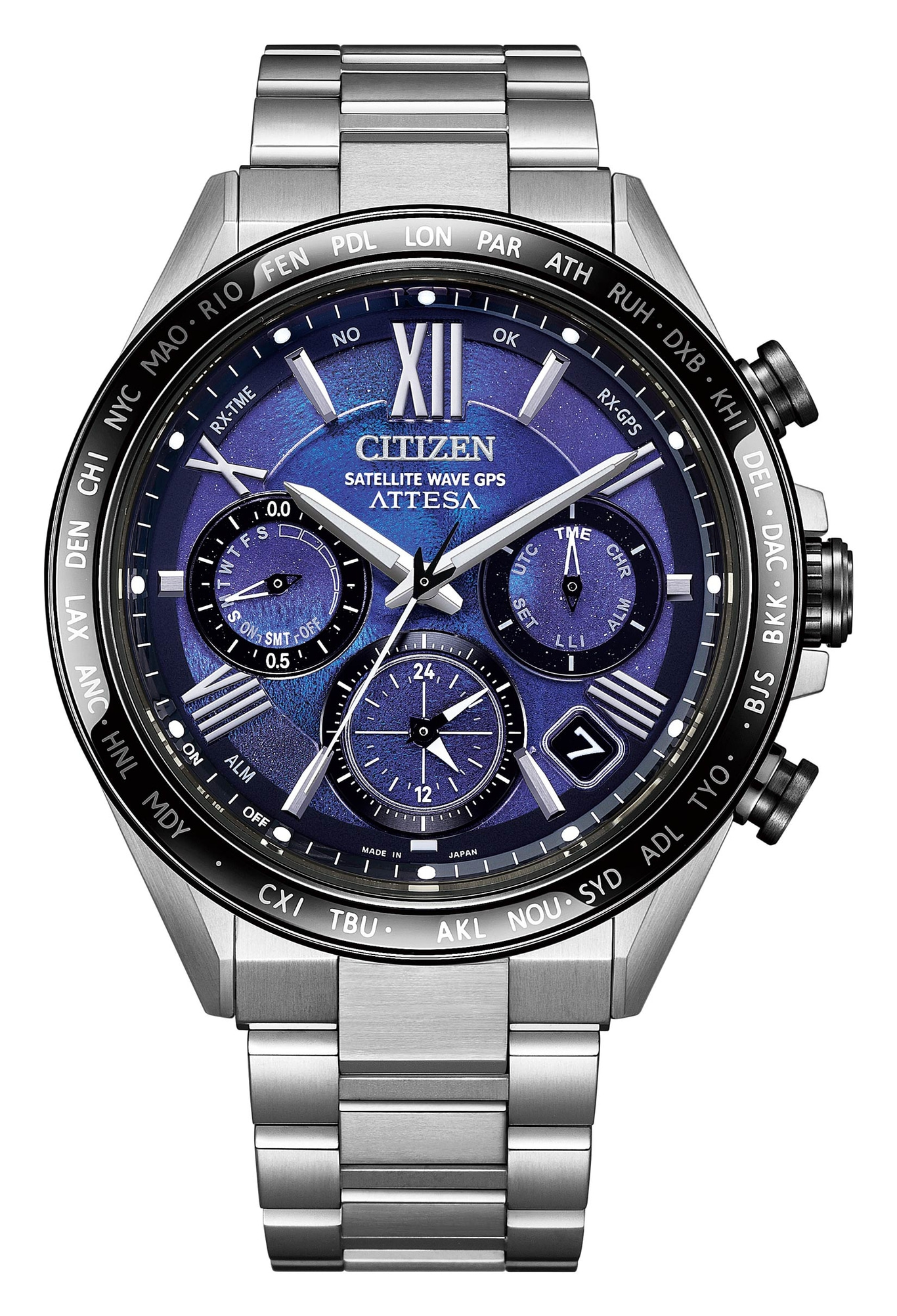 Citizen Attesa horloge met blauwe wijzerplaat, wereldtijd en satelliet-GPS-technologie.