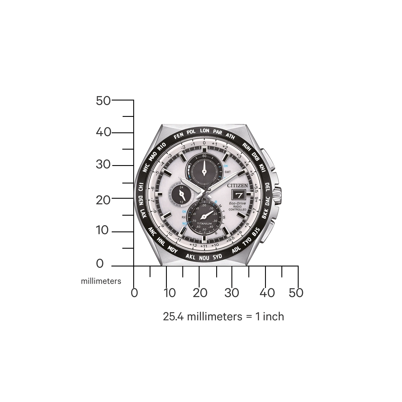 Citizen horloge met tijdzones, titanium, Eco-Drive, radiogestuurd en datumweergave.