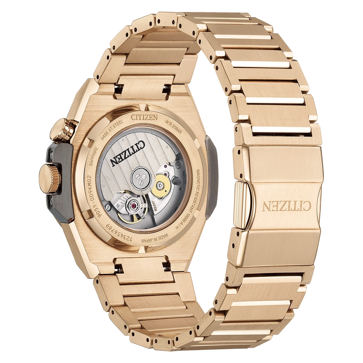 Citizen horloge achterkant, goud, saffier, Japans uurwerk, waterdicht, magnetisch bestendig.