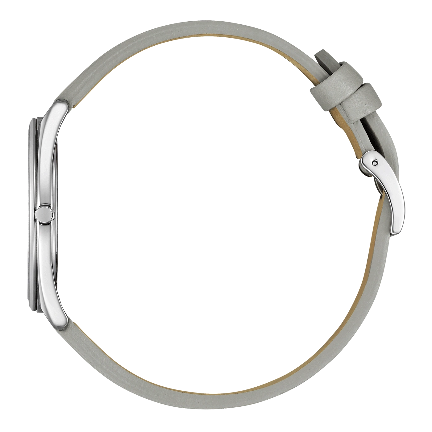 Zijaanzicht van een zilveren horloge met een grijze leren band op een groene achtergrond.