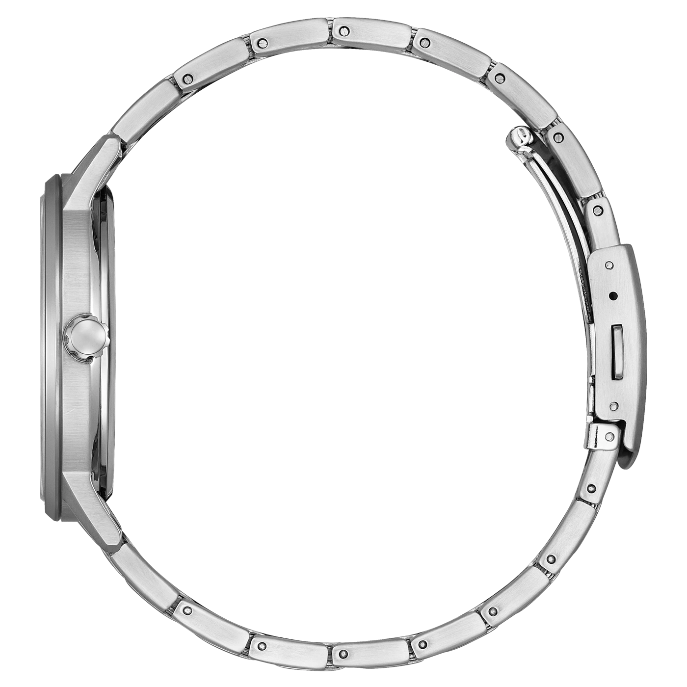 Zilveren horloge met metalen band, zijaanzicht, geïsoleerd op witte achtergrond.