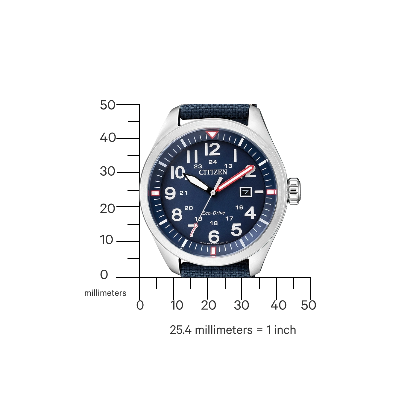 Citizen horloge met blauwe wijzerplaat, cijfers en een blauwe band. Eco-Drive.