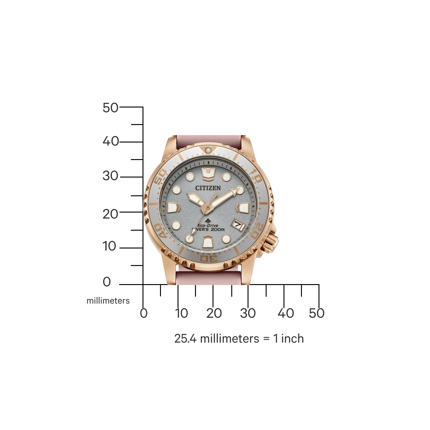 Citizen horloge met roze band en grijze wijzerplaat, die de tijd aangeeft.