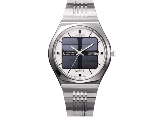 Citizen Crystron zonnecel horloge met zilveren band en witte wijzerplaat