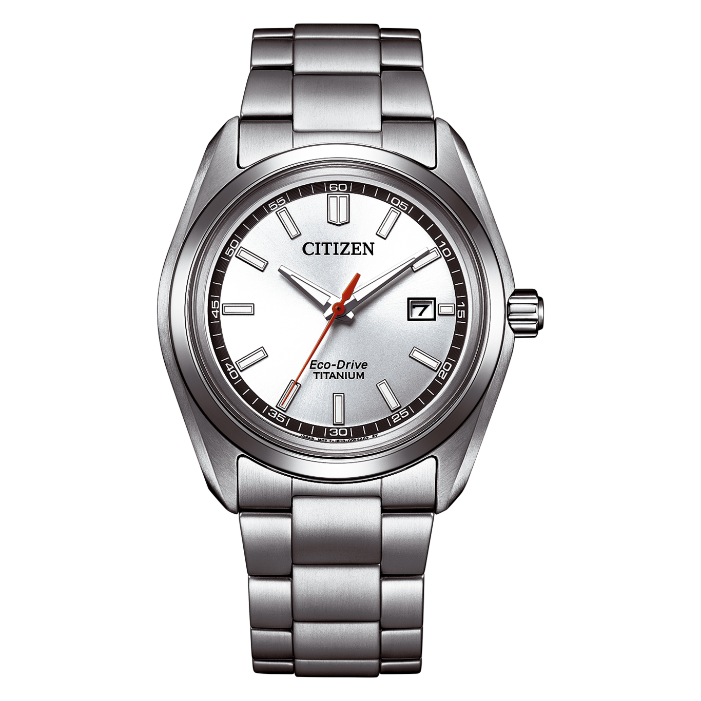 Een zilveren Citizen Eco-Drive Titanium horloge met een witte wijzerplaat.