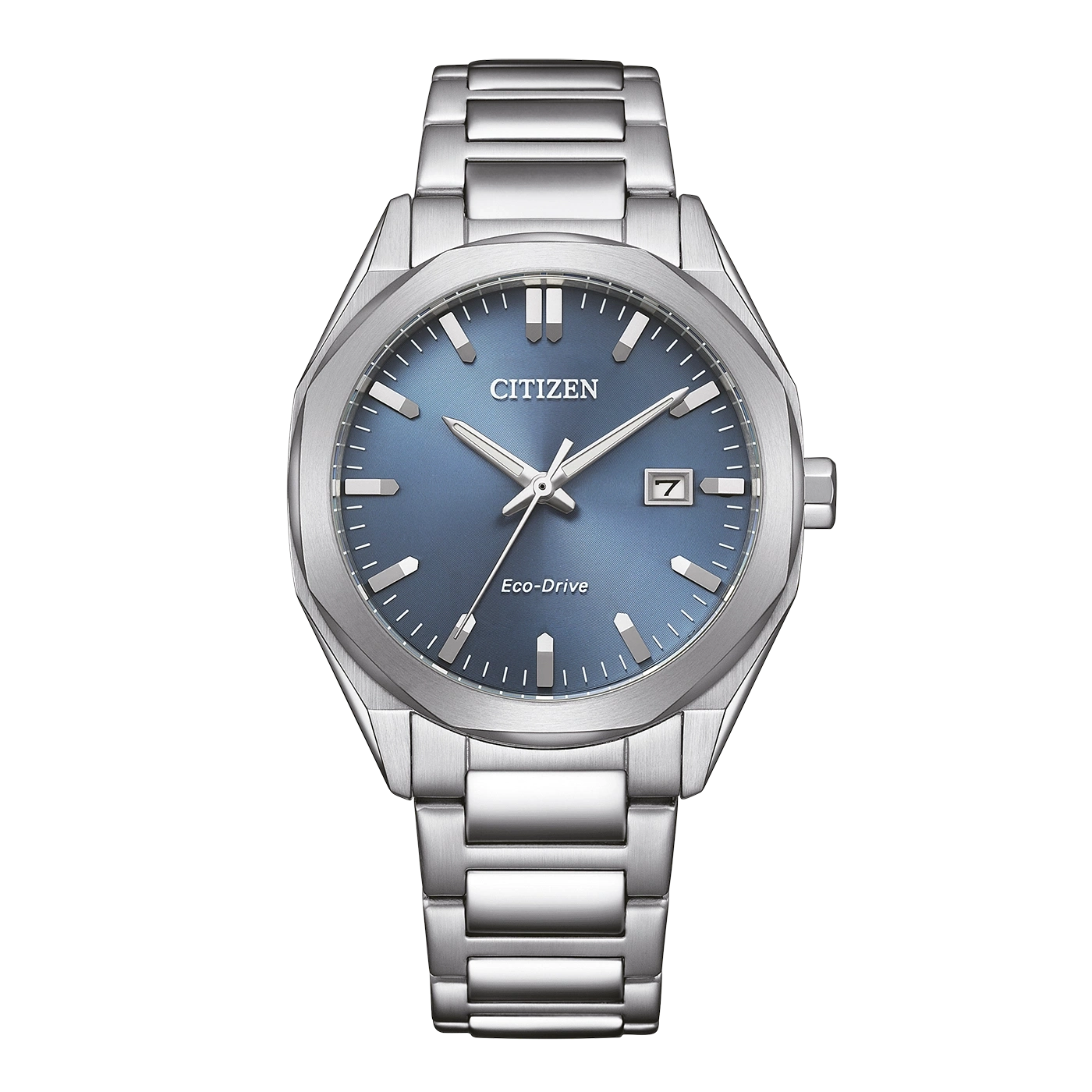 Een zilveren Citizen Eco-Drive horloge met een blauwe wijzerplaat en datumvenster.