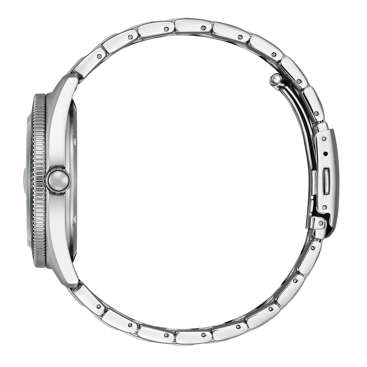 Zijaanzicht van een zilveren horloge met metalen band.