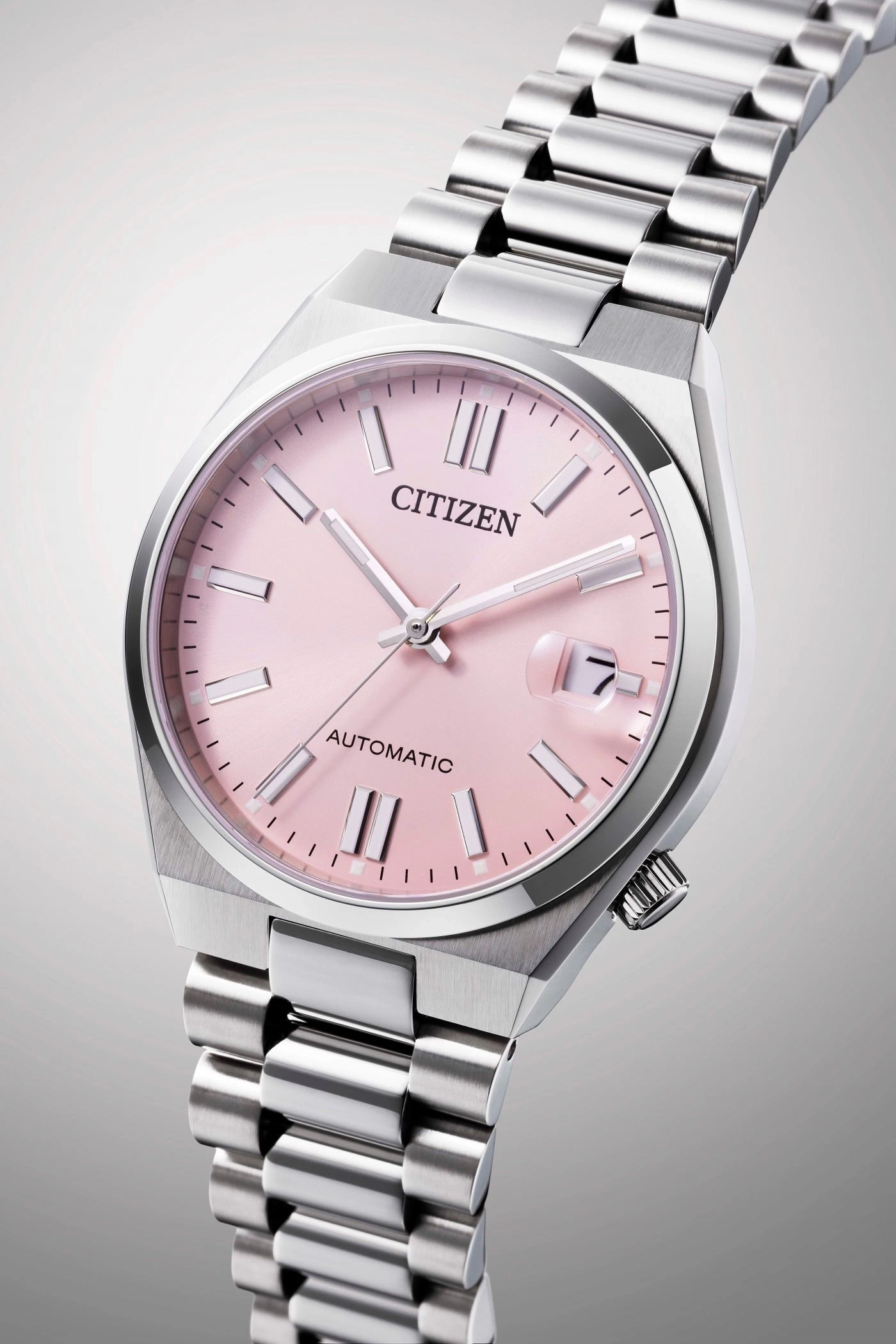 Citizen horloge met roze wijzerplaat en zilveren band, automatisch uurwerk.