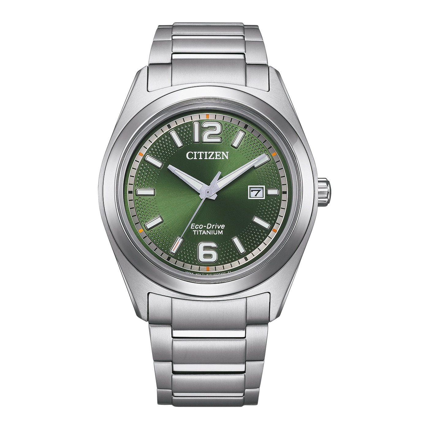 Citizen Eco-Drive Titanium horloge met groene wijzerplaat en zilveren armband.
