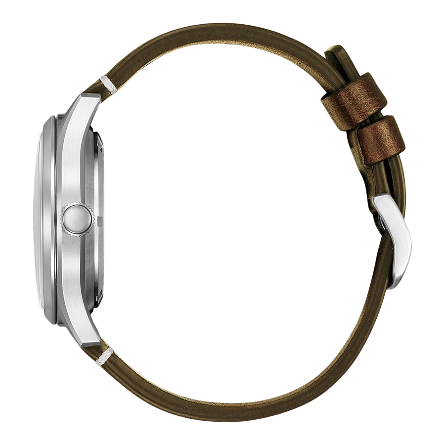 Zijaanzicht van een zilveren horloge met een bruine leren band.