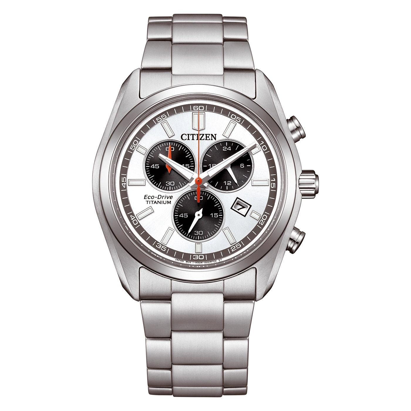 Een zilveren Citizen Eco-Drive Titanium chronograaf horloge op een witte achtergrond.