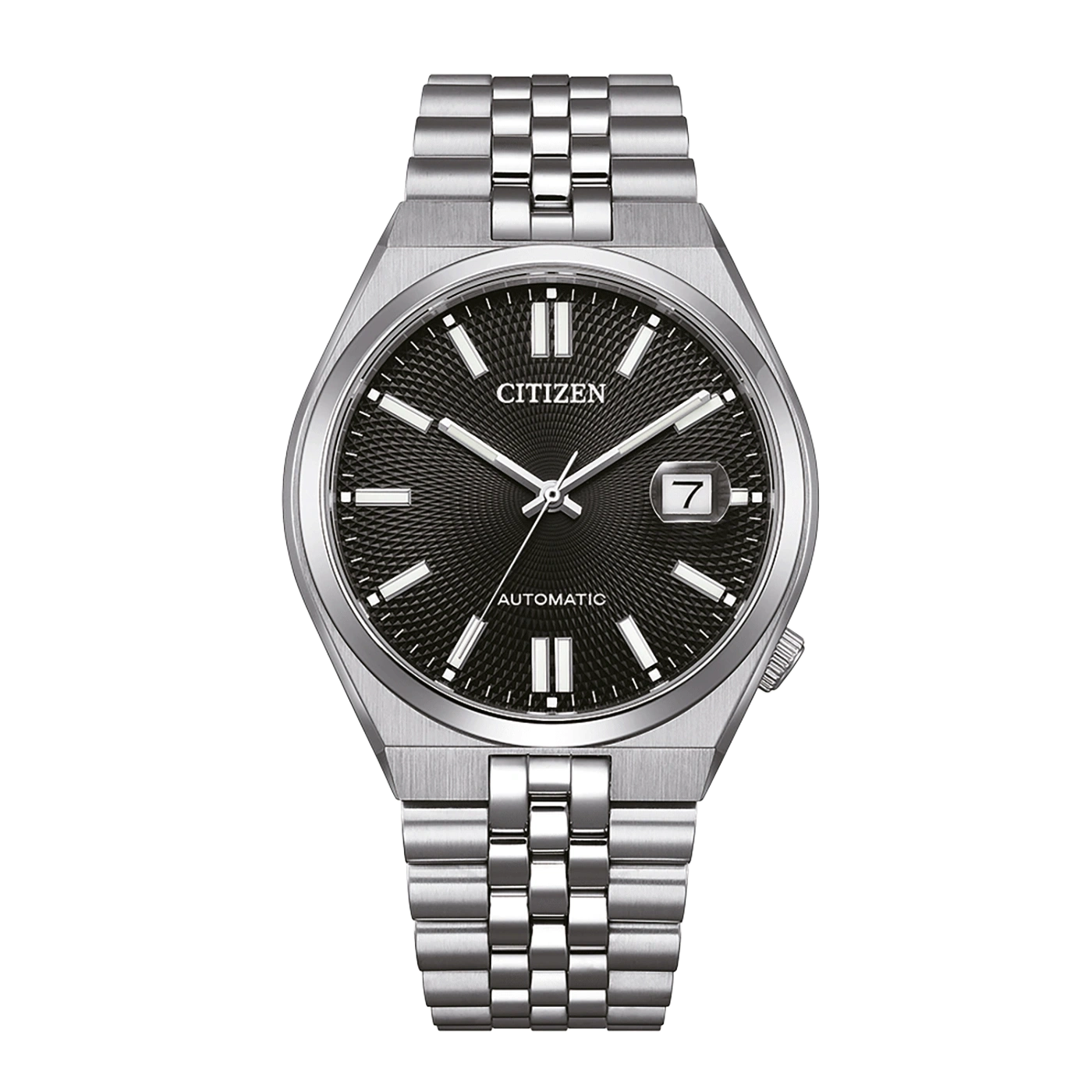 Citizen automatisch horloge met zwarte wijzerplaat en zilveren armband.