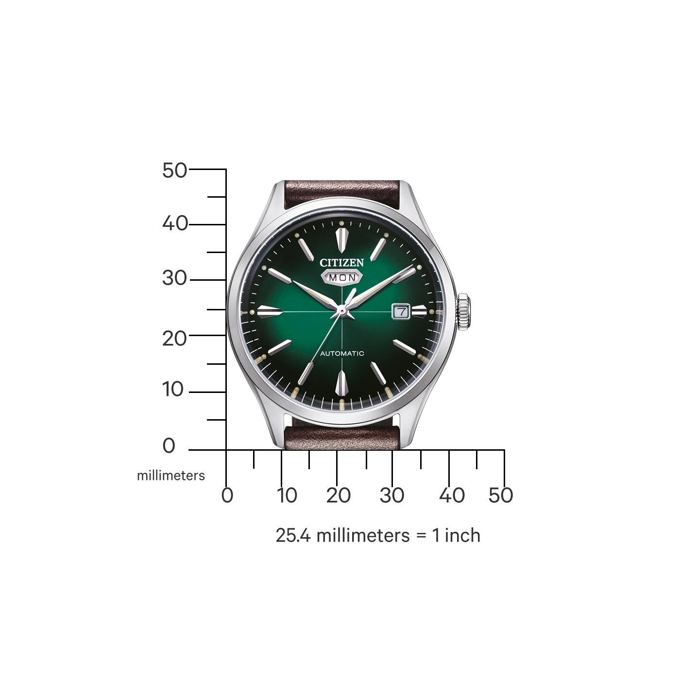 Citizen horloge met groene wijzerplaat, bruine band en meetschaal.
