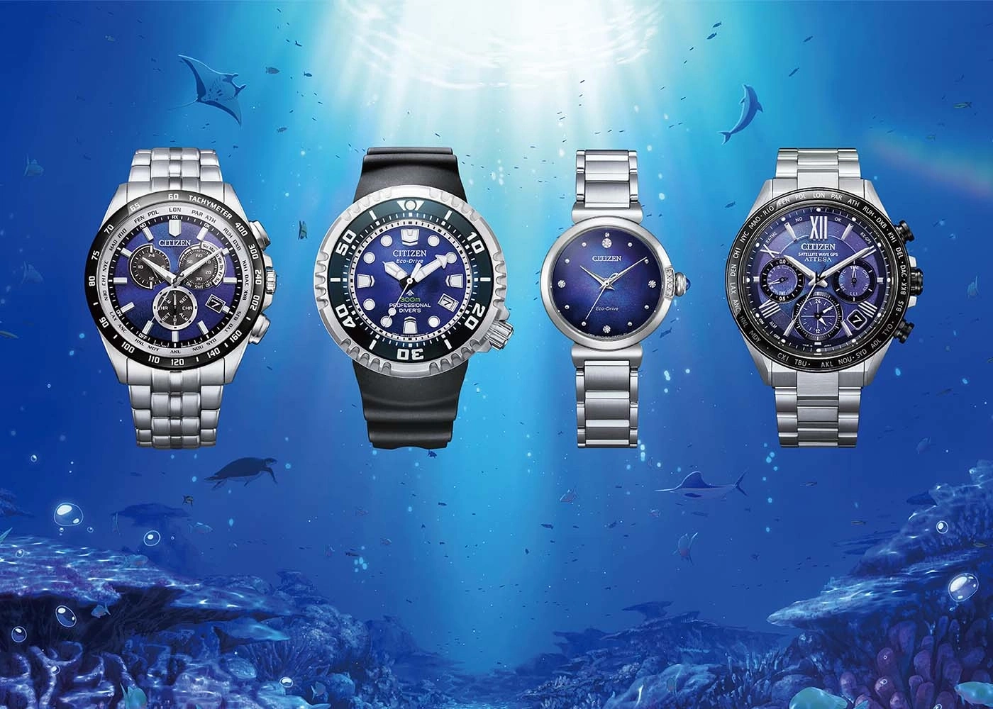 Citizen horloges onder water met blauwe wijzerplaten en roestvrijstalen armbanden.