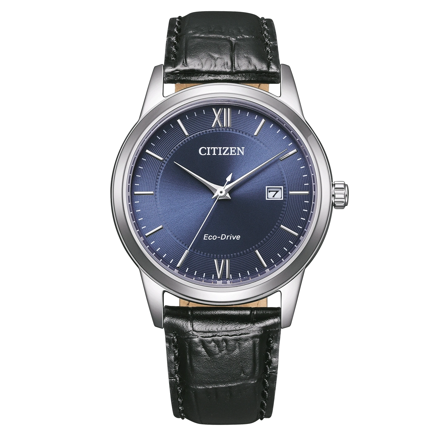 Citizen horloge met blauwe wijzerplaat en zwarte leren band, elegant design
