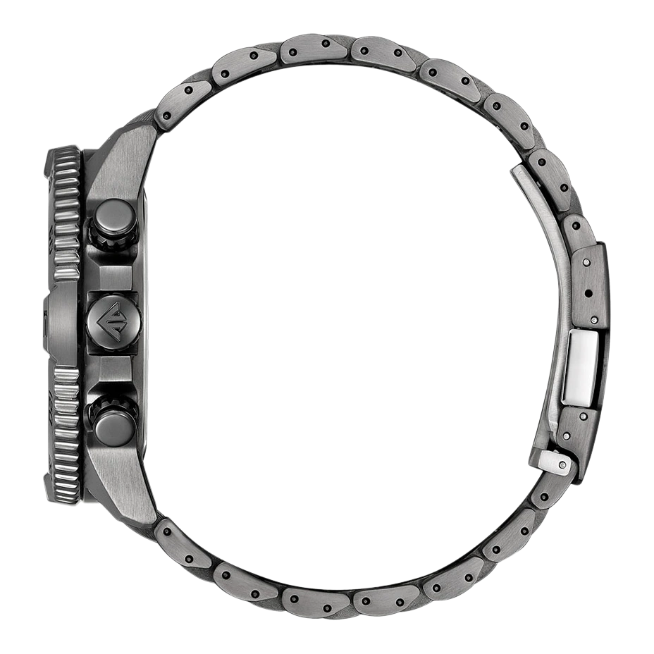Zijaanzicht van een donkergrijs horloge met een metalen band.