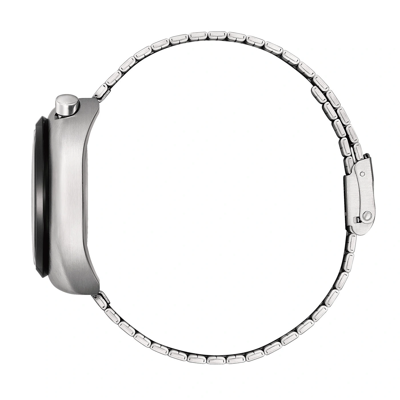 Zijaanzicht van een zilveren horloge met metalen band.
