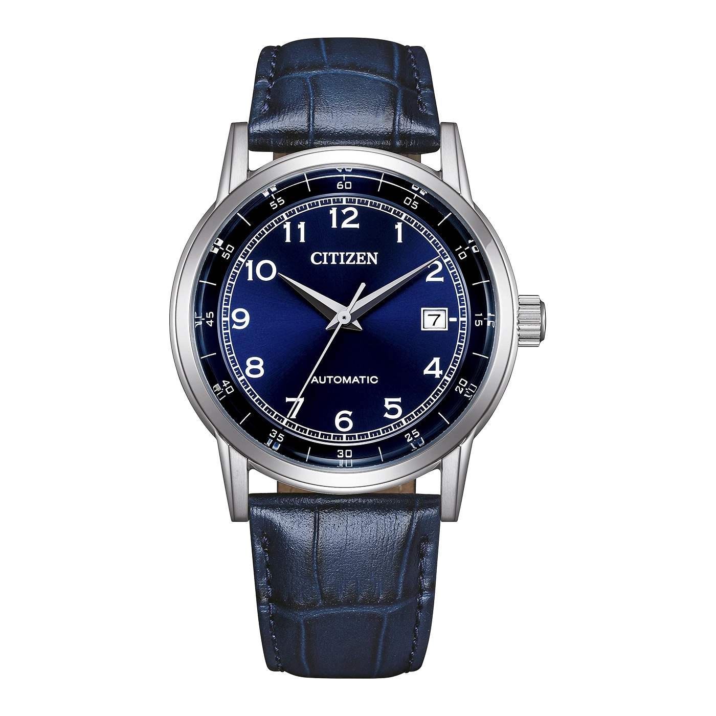 Een blauw Citizen automatisch horloge met leren band.