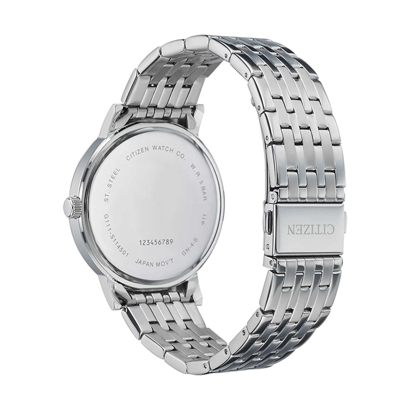 Citizen horloge, roestvrij staal, achteraanzicht, met merknaam en details.