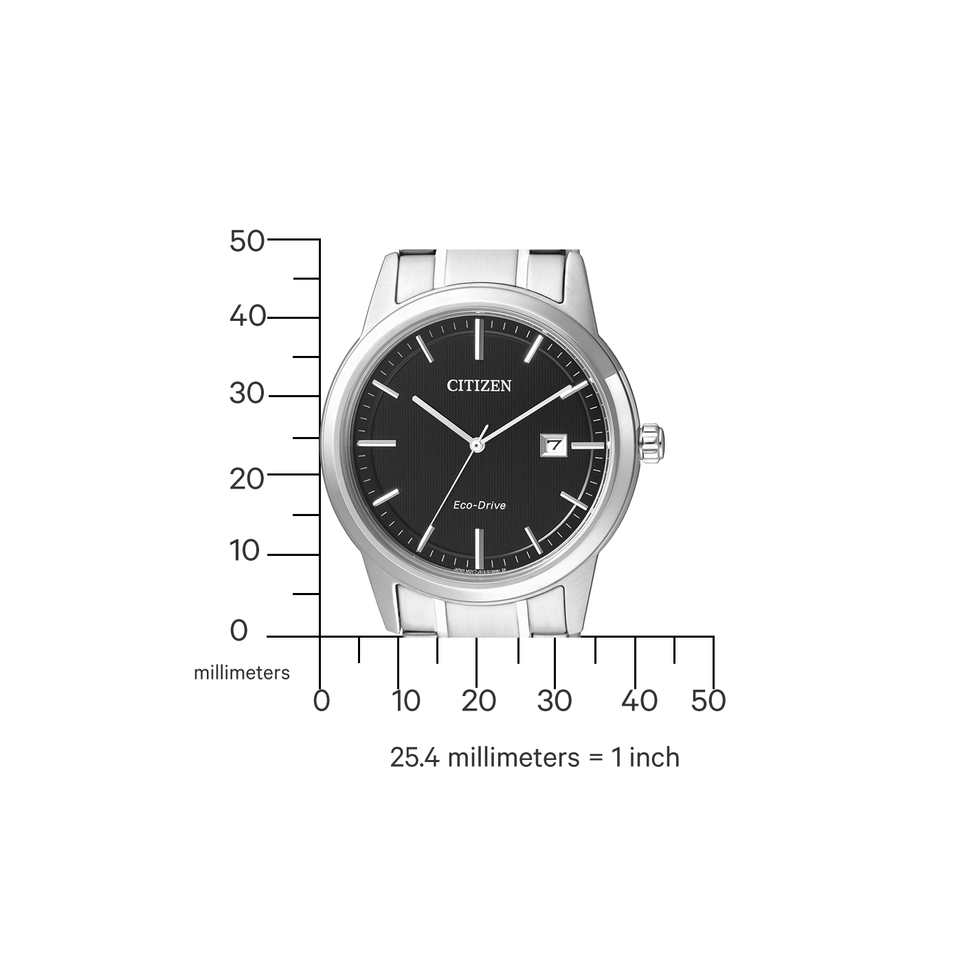 Citizen horloge met zwarte wijzerplaat, datumweergave en zilveren band. Eco-Drive technologie.