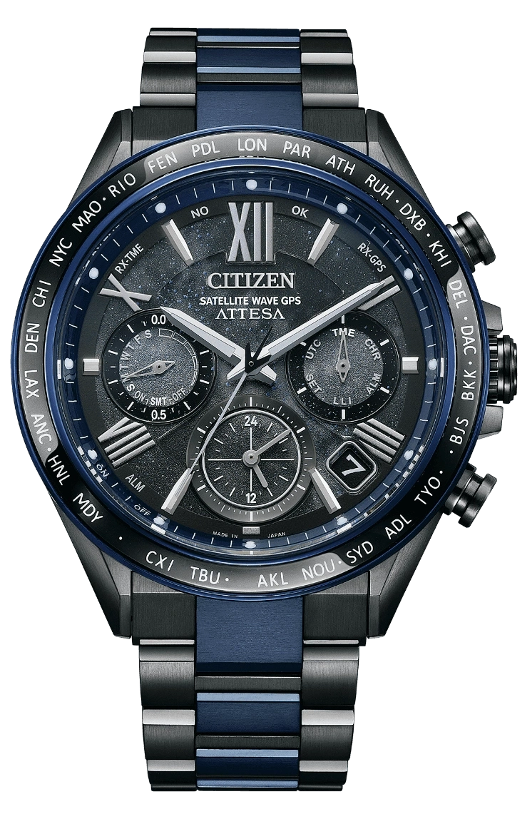 Citizen Attesa horloge met een blauw en zwart ontwerp, satellietgolf GPS.