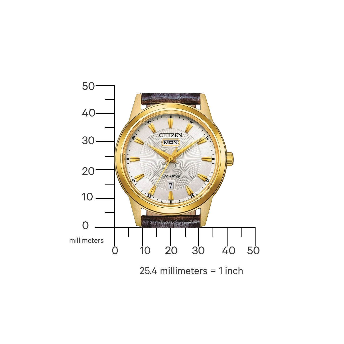 Gouden Citizen horloge met witte wijzerplaat en bruine leren band.