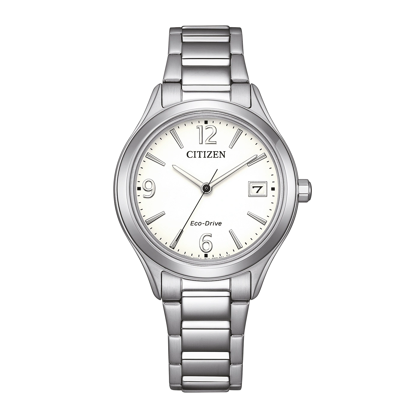 Een Citizen Eco-Drive horloge met witte wijzerplaat en zilveren band.