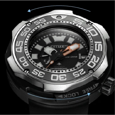 Citizen horloge met draaibare ring, Eco-Drive en diepteclassificatie van 1000 m, met vergrendeling.