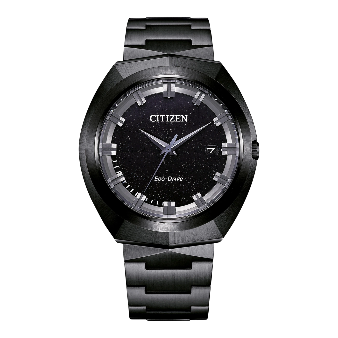 Zwart Citizen horloge met een sterrenhemel wijzerplaat en datumweergave.