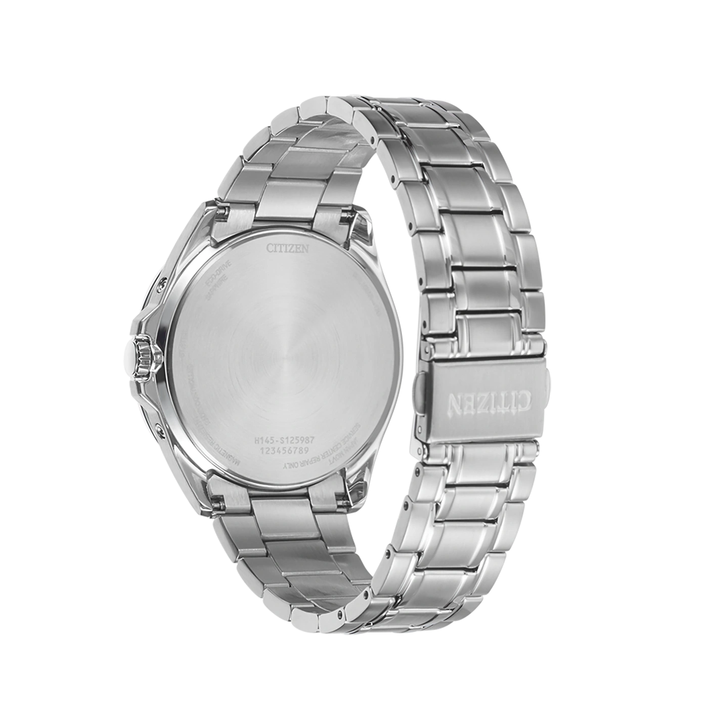 Citizen horlogerug, zilver, met tekst en cijfers, close-up.