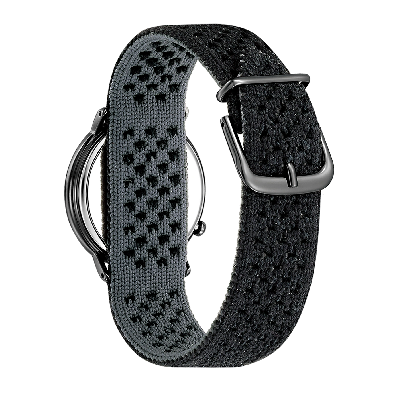 Close-up van een zwart horloge met een grijze en zwarte band.