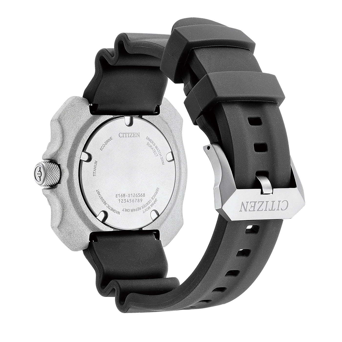 Citizen horlogerug, titanium, Eco-Drive, duikhorloge, zwarte band, metalen sluiting.