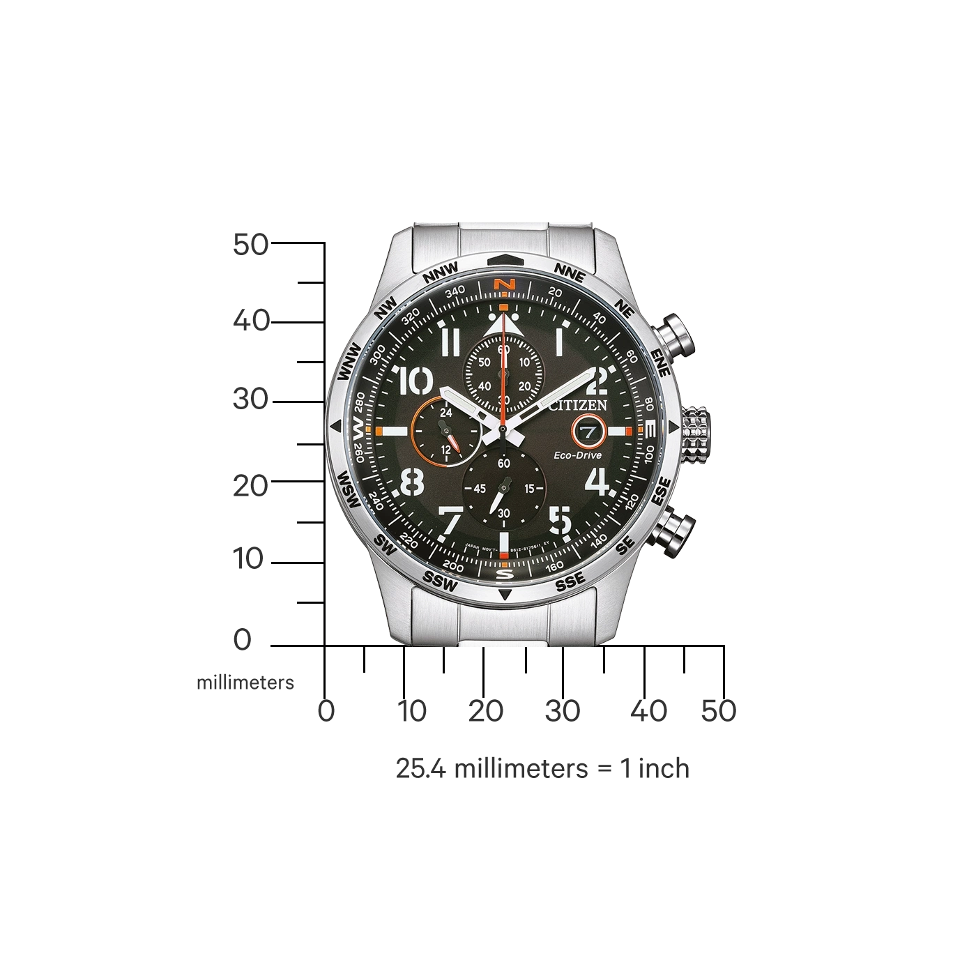 Citizen horloge met kompas en chronograaf functies, roestvrij staal, Eco-Drive technologie.