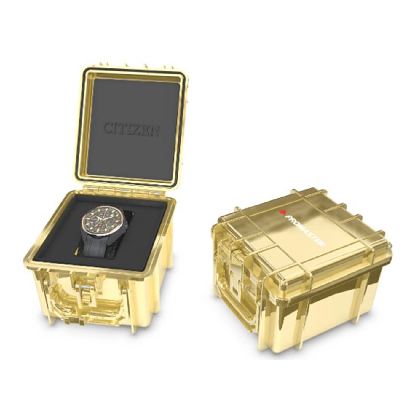 Een gouden Citizen Promaster horlogekoffer, open met horloge en gesloten.
