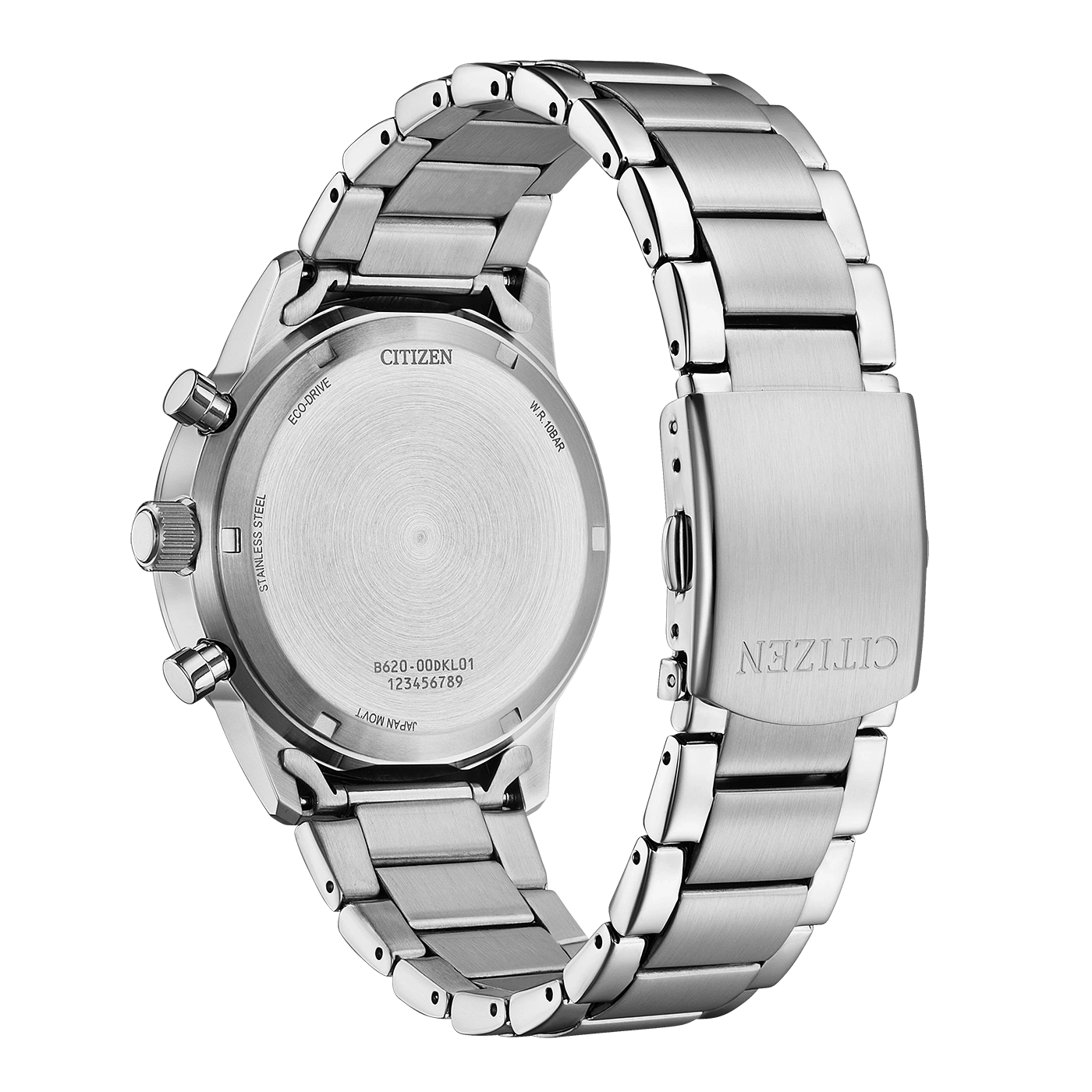 Achterkant van een zilveren Citizen Eco-Drive horloge met modelnummer B620-00DKL01.