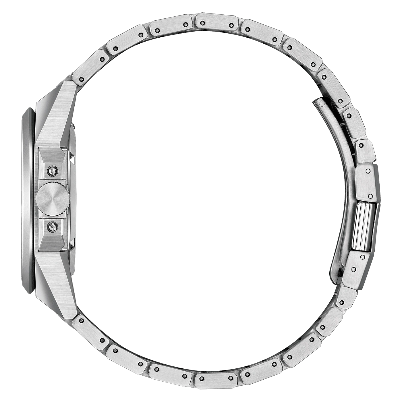 Zijaanzicht van een zilveren horloge met metalen band, elegant ontwerp.