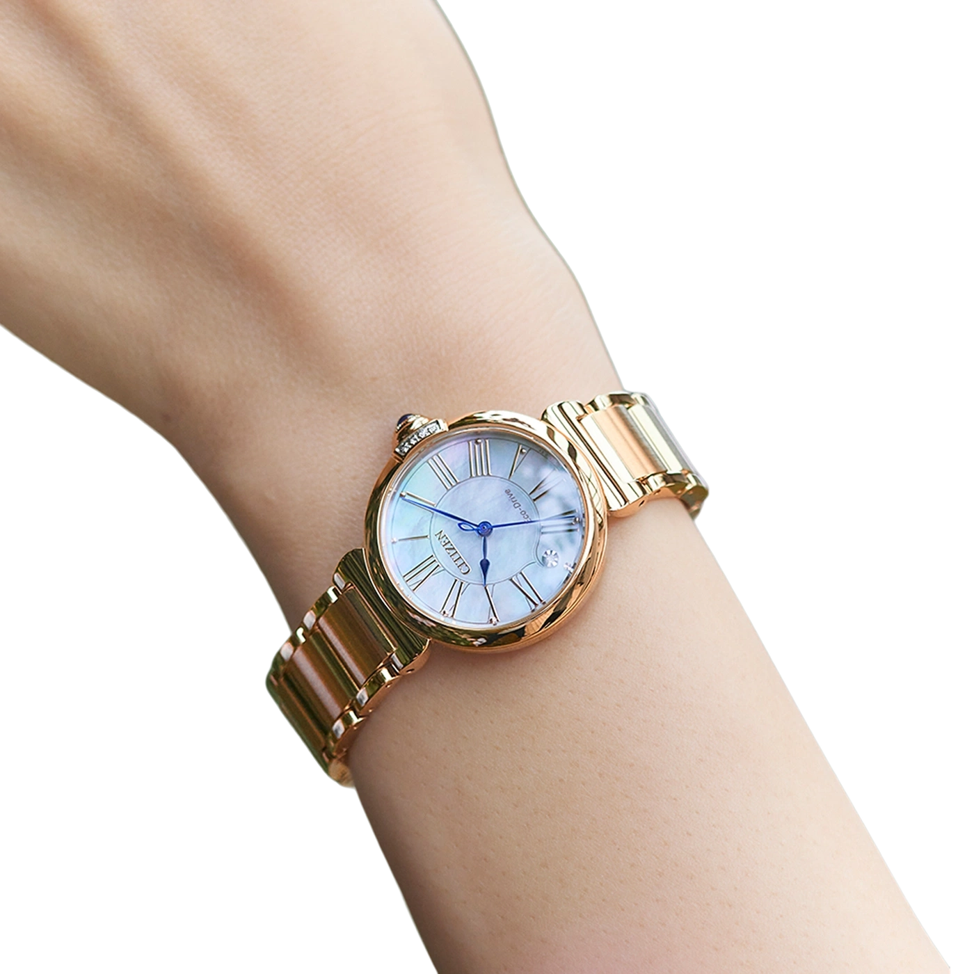 Pols horloge om de pols, goud, Citizen, blauwe wijzers, witte wijzerplaat, Romeinse cijfers
