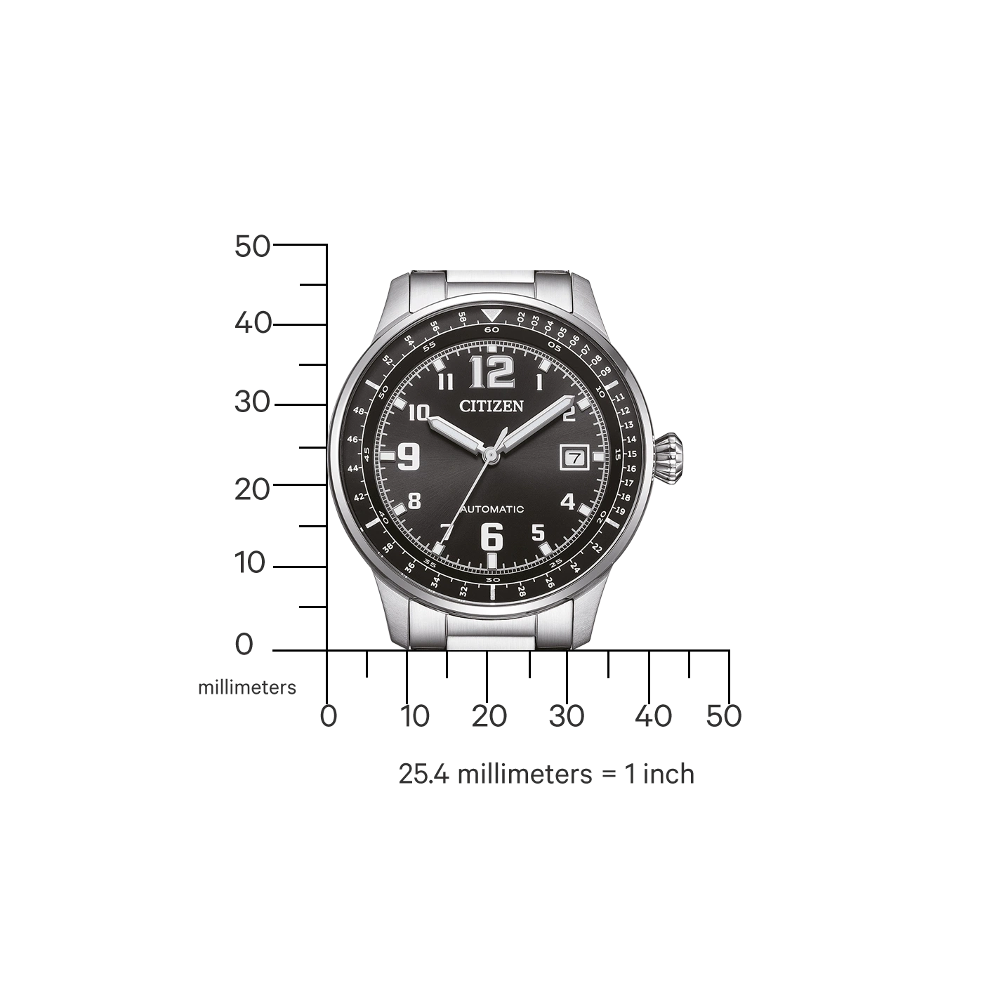 Citizen horloge met zwarte wijzerplaat, automatisch, en millimeterschaal voor maatvergelijking.