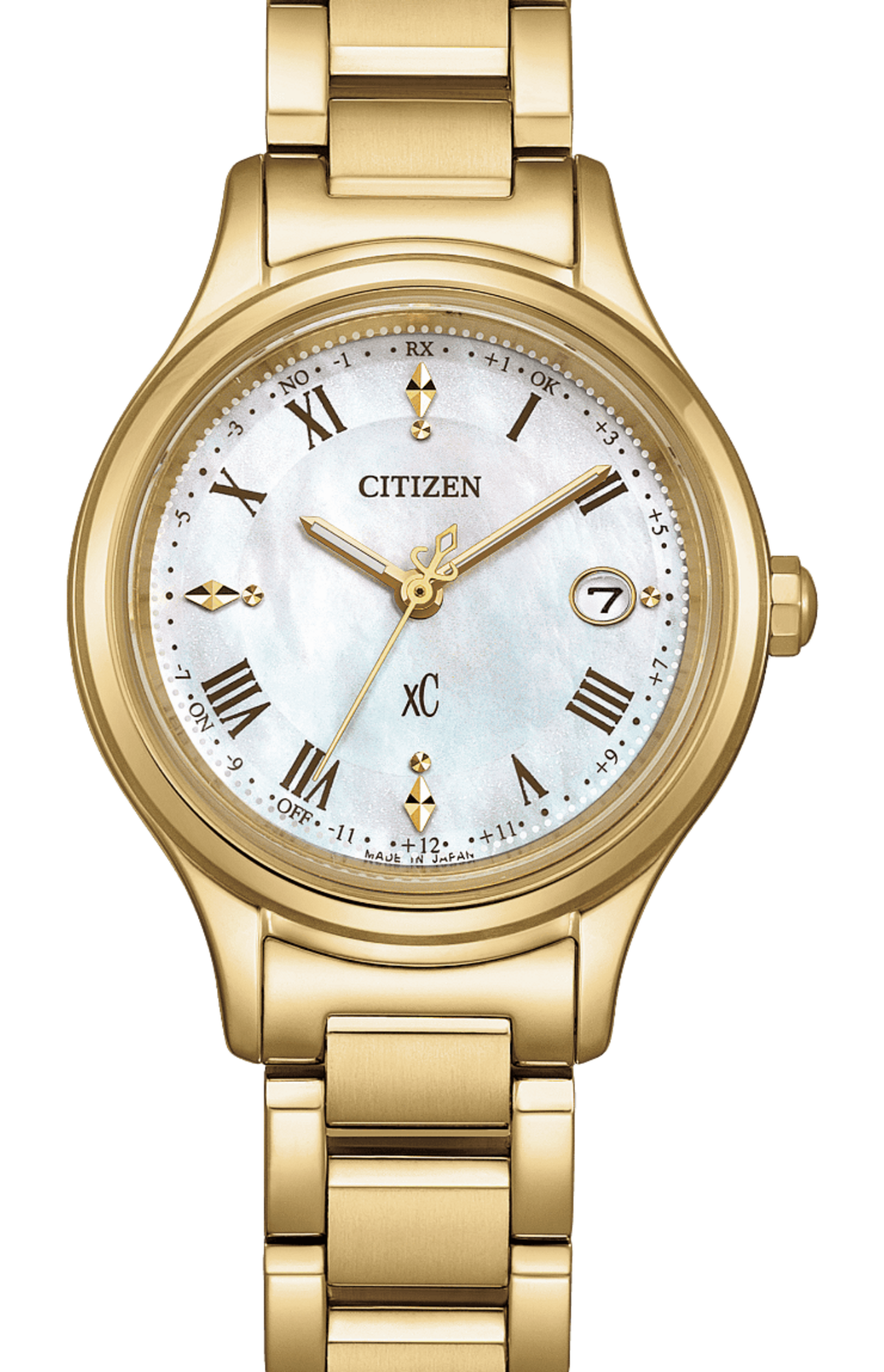 Gouden Citizen horloge met witte wijzerplaat, Romeinse cijfers en datumweergave.