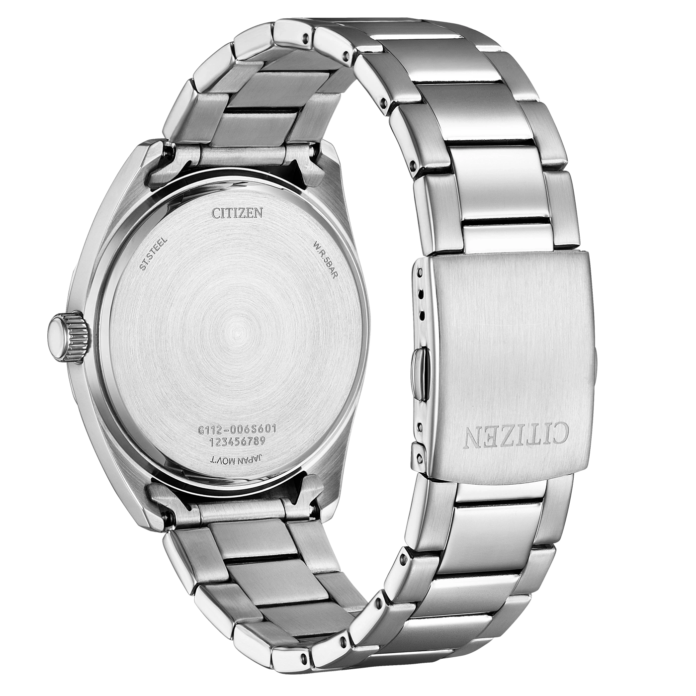 Citizen horlogerug met details: merk, model en waterbestendigheid.