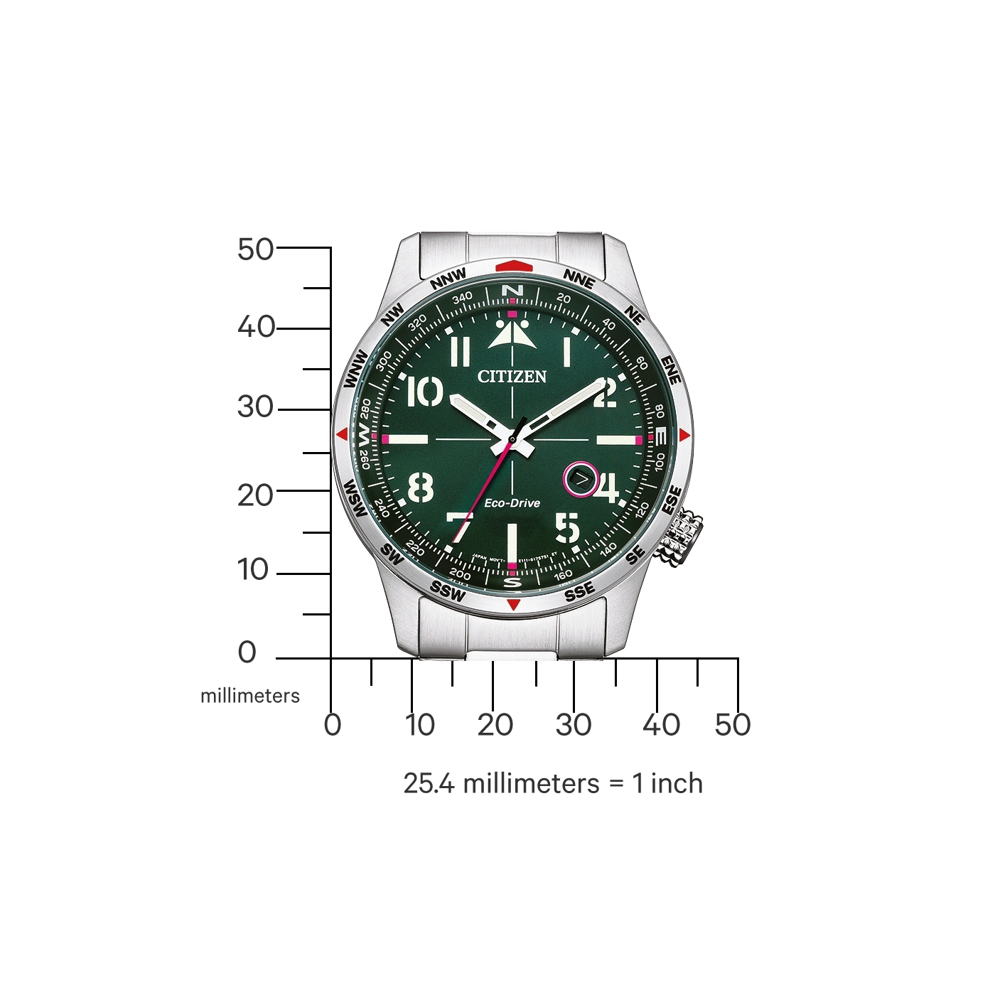 Citizen horloge met kompas en Eco-Drive technologie, groene wijzerplaat, zilveren kast.