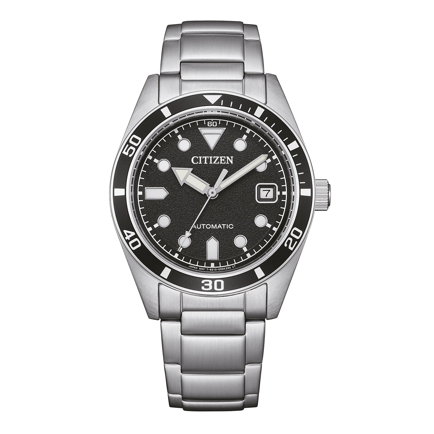 Een Citizen automatische duikhorloge met zwarte wijzerplaat en roestvrijstalen band.