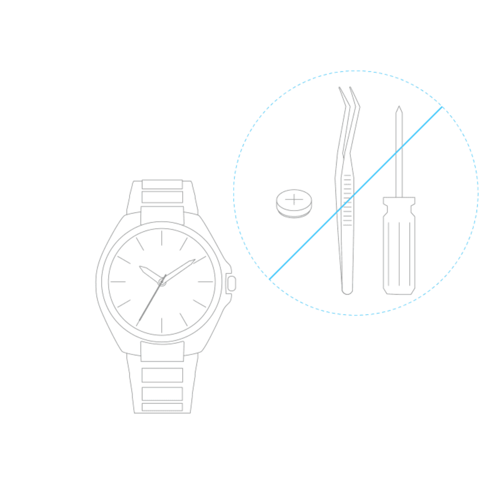 Horloge met doorgestreepte gereedschappen, wat aangeeft dat u het niet zelf moet repareren.