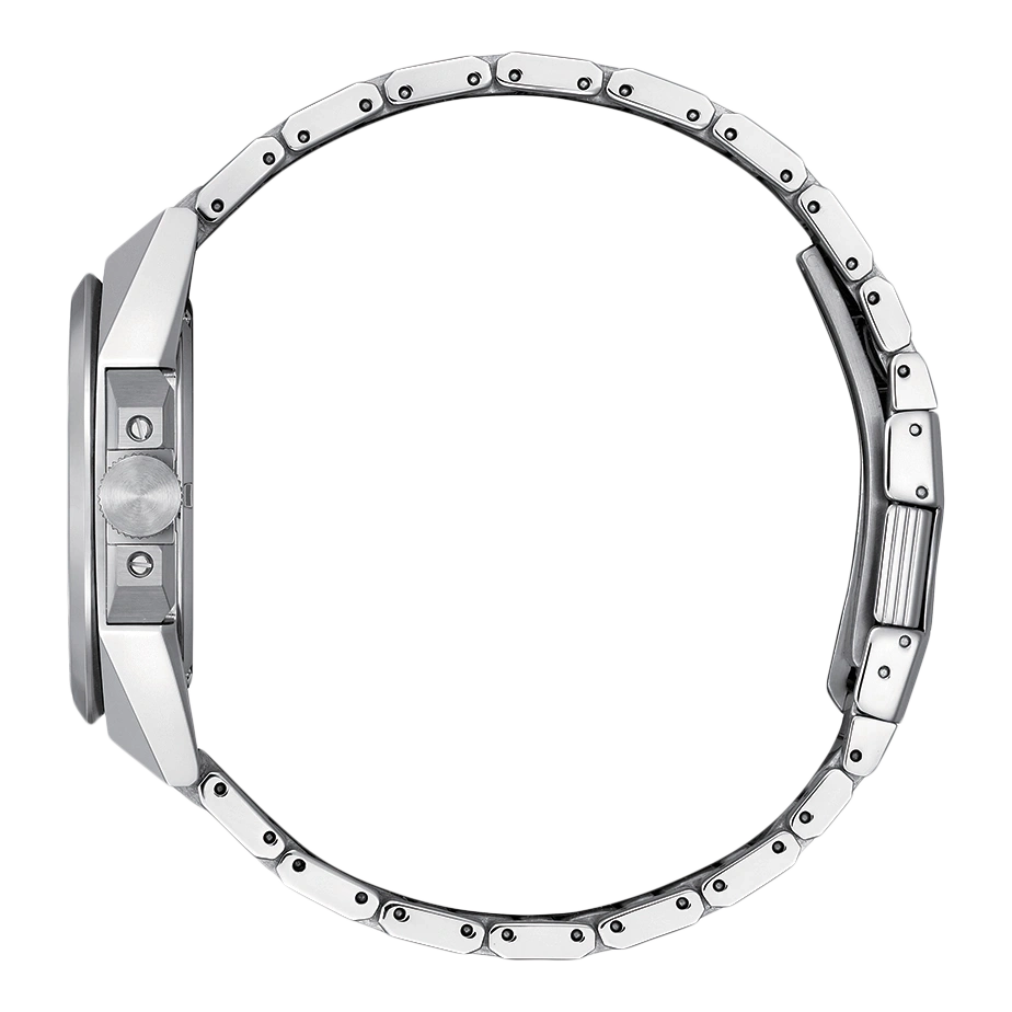Zijaanzicht van een zilveren horloge met metalen band, close-up.
