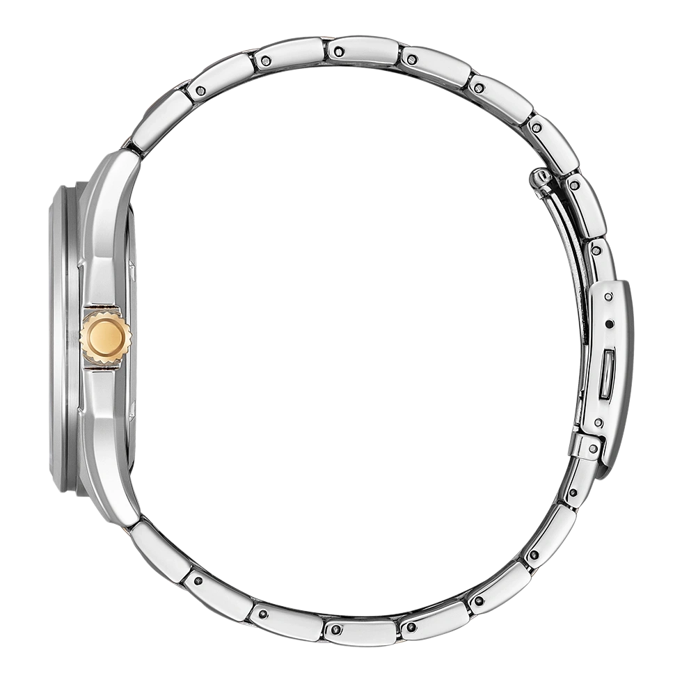 Zilveren horloge met gouden kroon en zilveren armband, zijaanzicht, elegant design