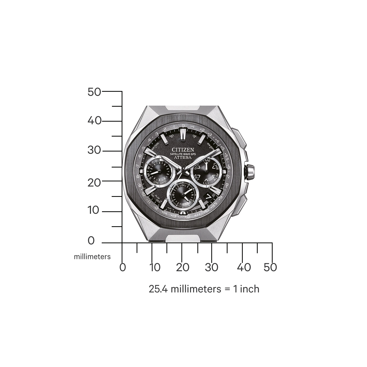Citizen Attesa horloge met schaal, die millimeters en inches toont voor maatvergelijking.