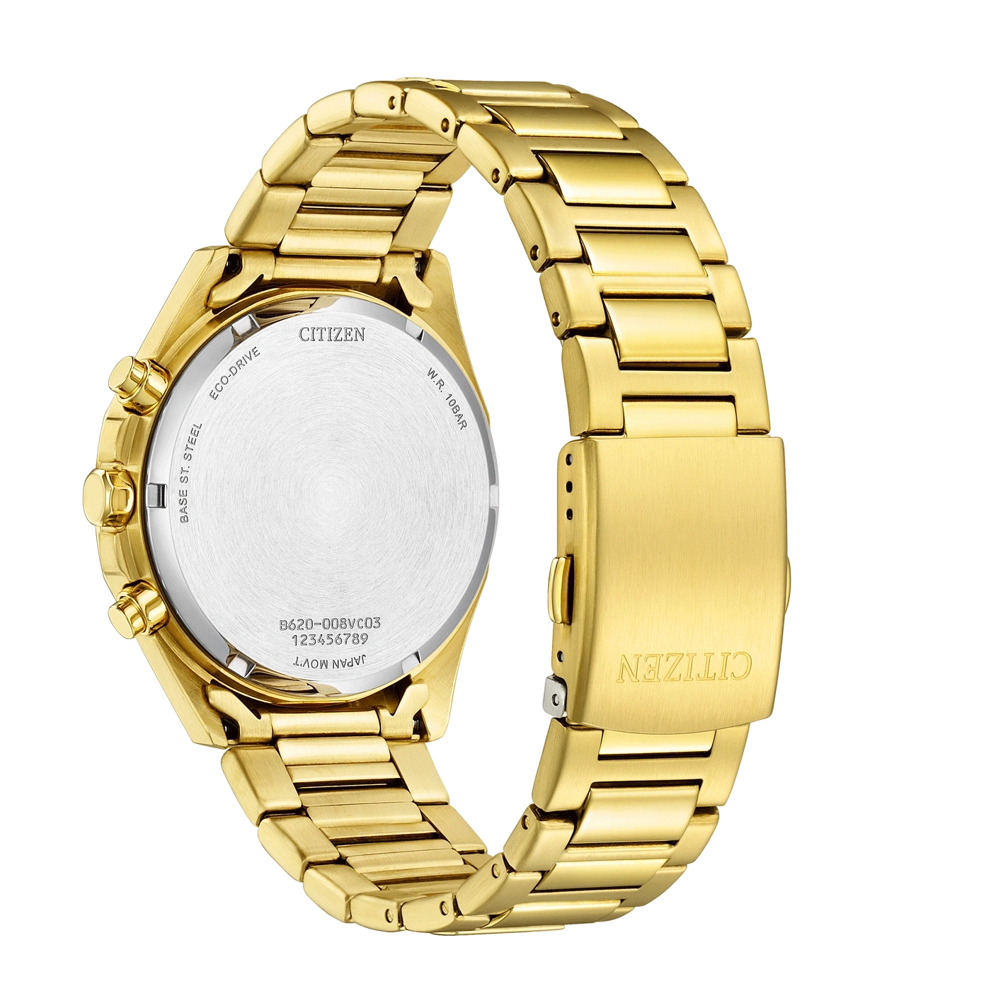 Citizen horloge, goud, achteraanzicht, Eco-Drive, roestvrij staal, Japanse beweging.