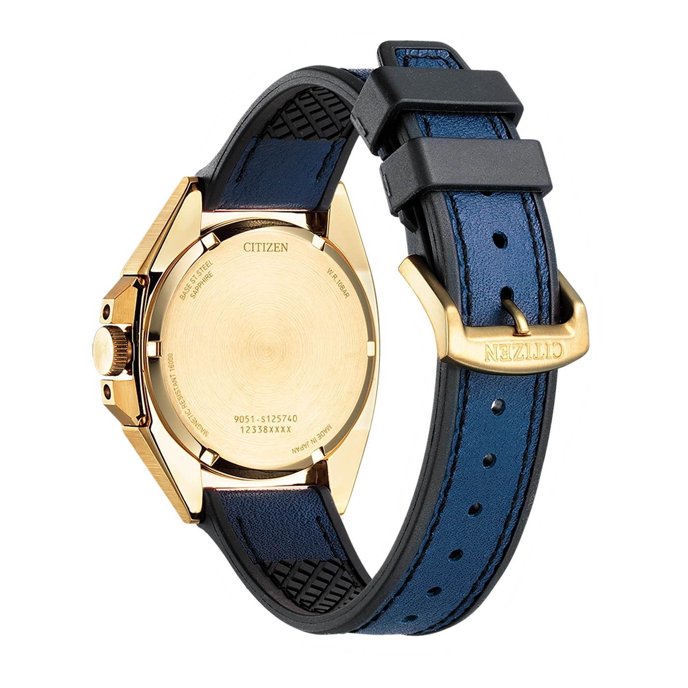 Citizen horloge met gouden kast, blauwe band en merkdetails op de achterkant.