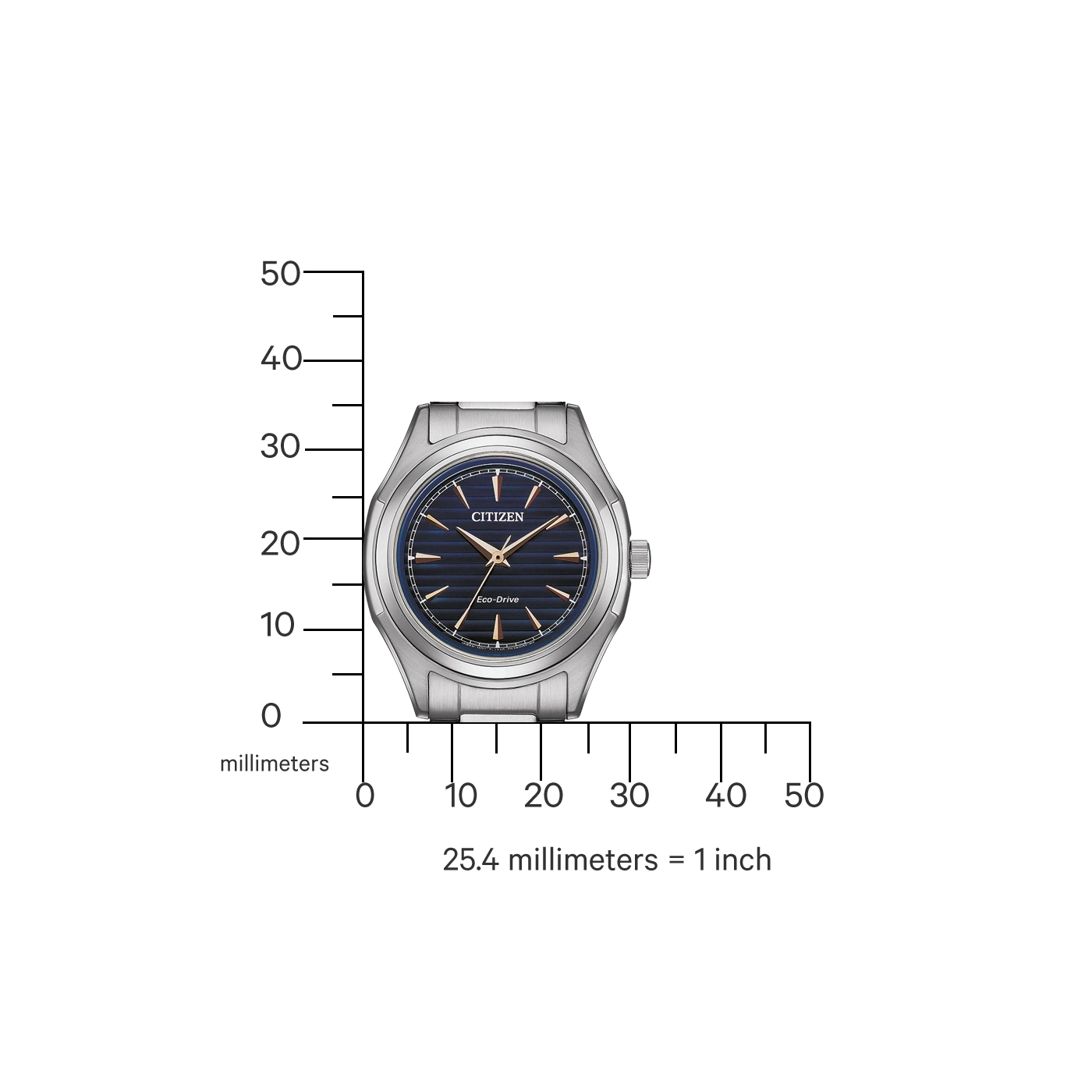 Citizen horloge met blauwe wijzerplaat en zilveren band, met een millimeterschaal.