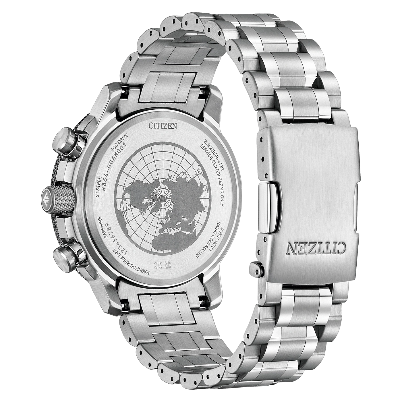 Citizen horloge, roestvrij staal, Eco-Drive, radiogestuurd, waterdicht, met wereldkaart.